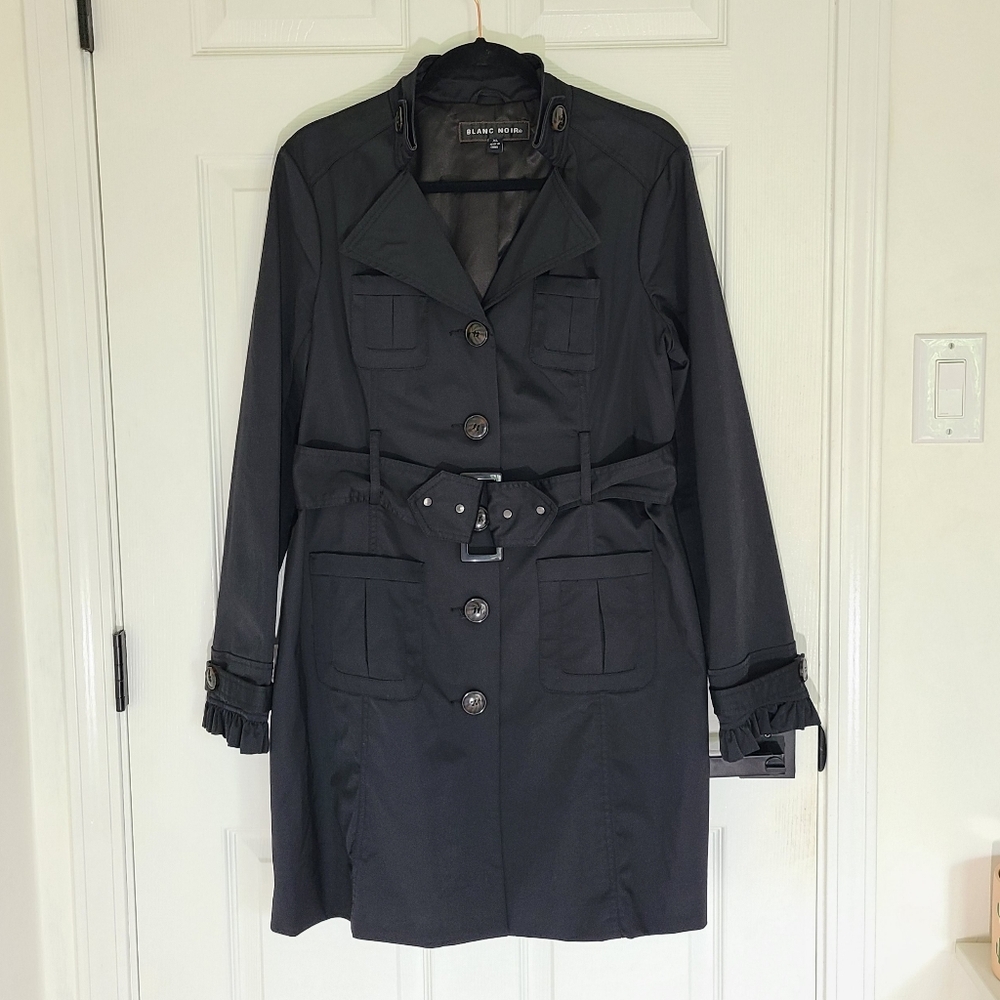Blanc Noir Black Trench Coat with Tailored Fit ruffles